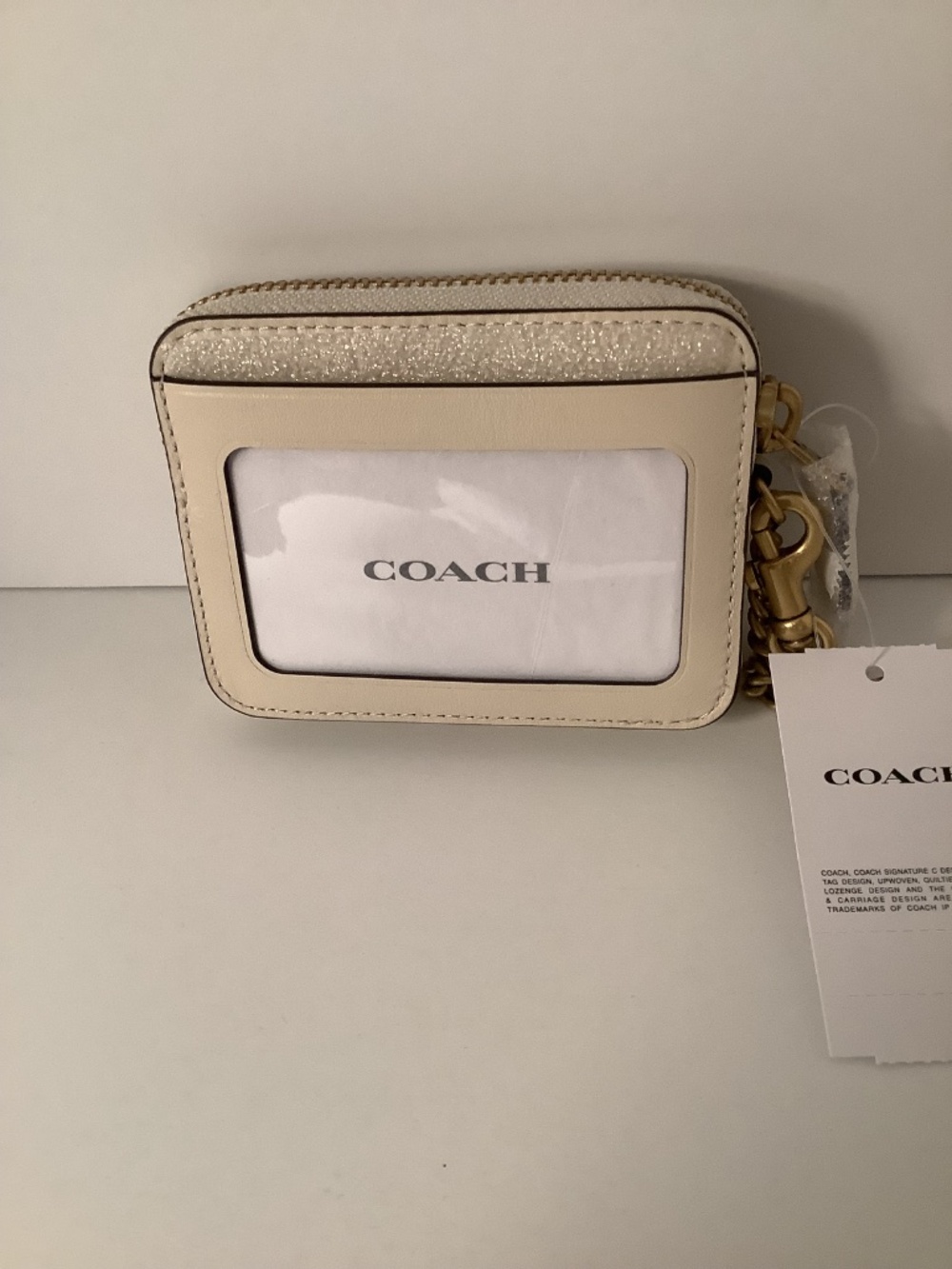 NWT Coach Essential Zip Card Case Wallet Sticker Print Brass & Chalk Leather - Picture 5 of 8